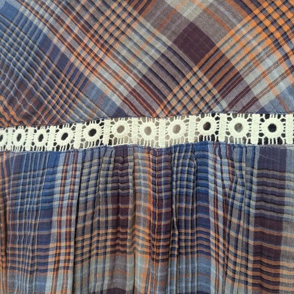 Holding Horses Anthropologie Navy & Orange Plaid Lace Trim High Low Dress XS - Picture 6 of 8